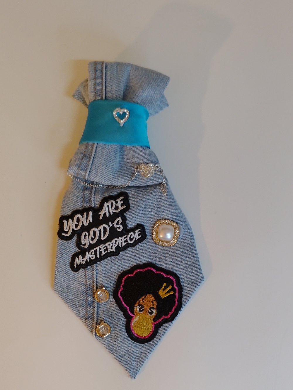Denim Ties with Turquoise Accent and Embroidered Patches